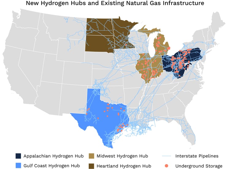 The locations of the DOE federal funding winners to establish hydrogen hubs.