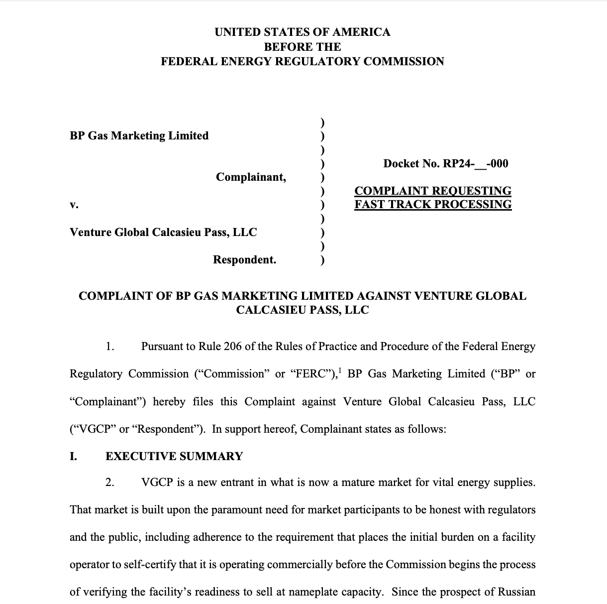 bp statement on its FERC complaint against Venture Global